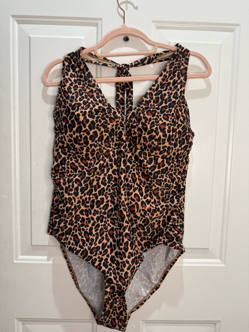 Kona Sol Leopard Halter Tie One-Piece Swimsuit in Brown and Black